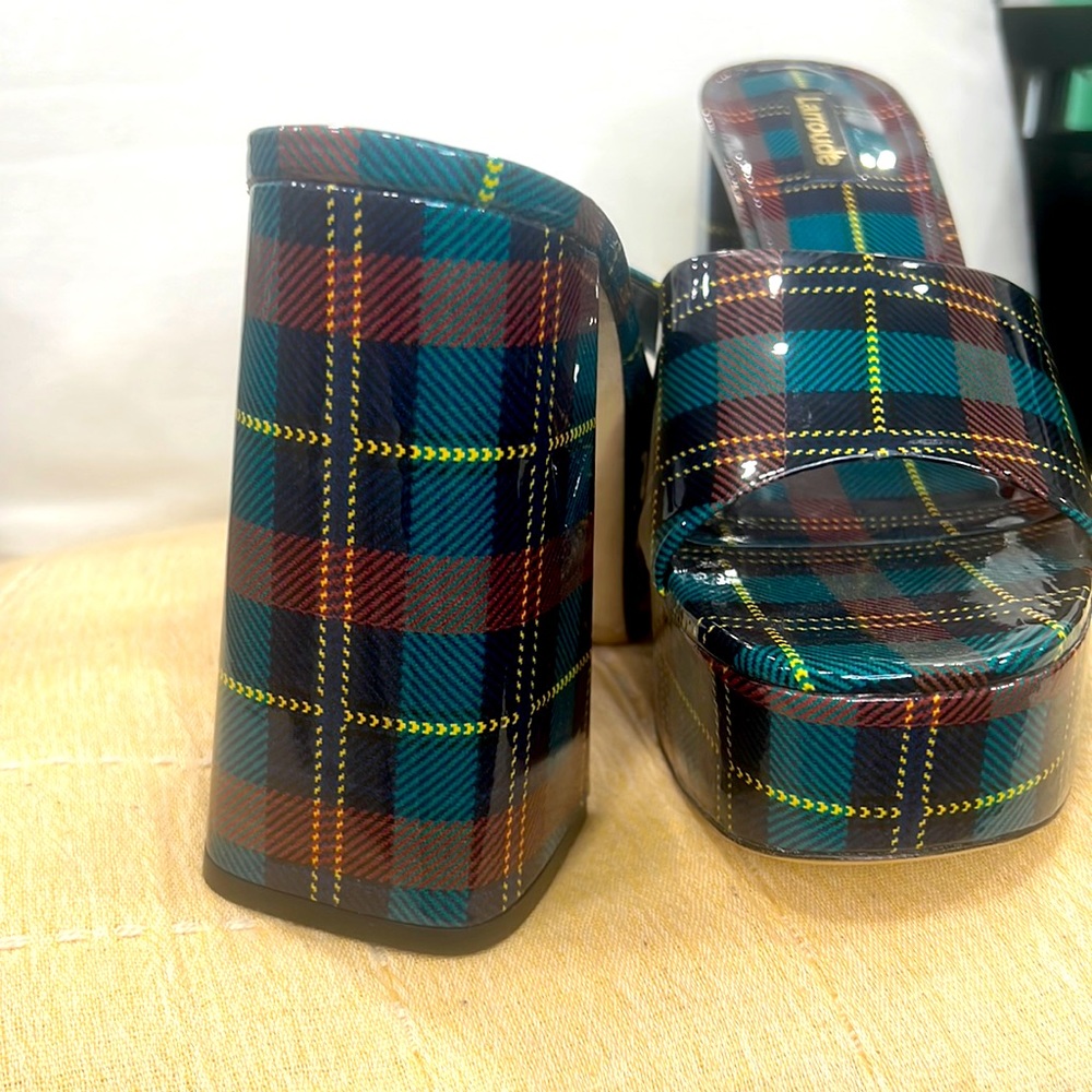 Larroude Dolly plaid patent platform leather mule.